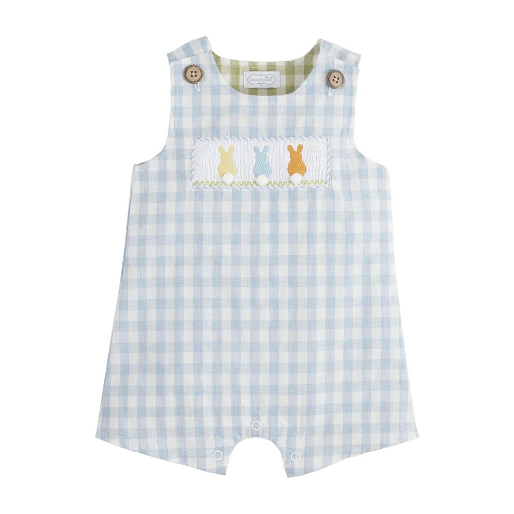 Mud Pie Baby Boys Gingham Bunny Jon Jon Romper Easter One-Piece Blue 3-6M NWT